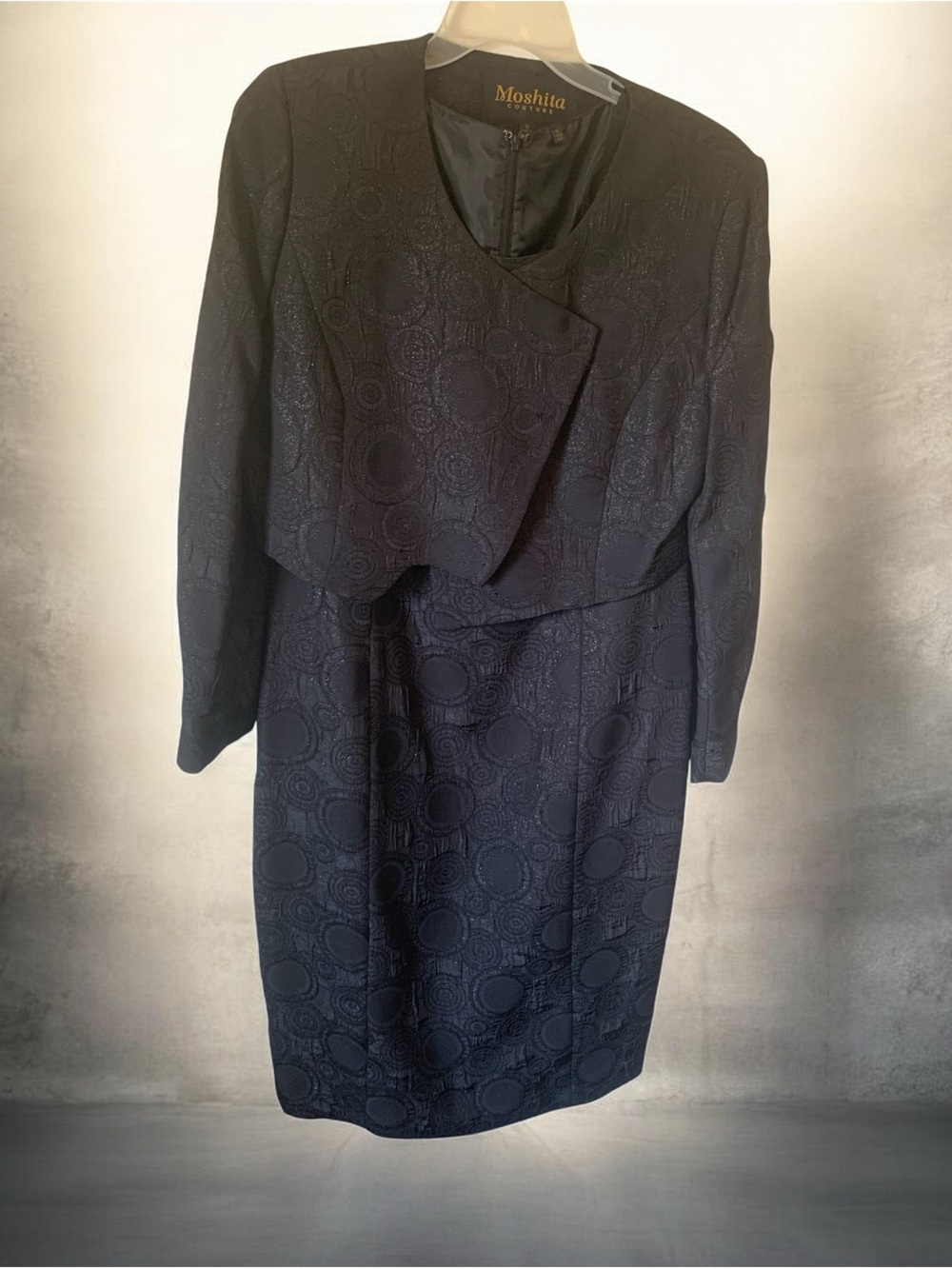 Moshita Couture Black Metallic Jacquard 2-Piece Sheath Dress & Jacket Set 12